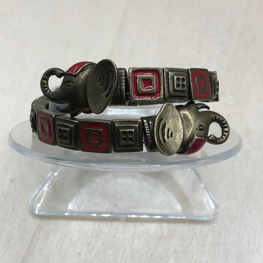Vintage elephant memory coil brass and enamel bracelet small wrist 6.5